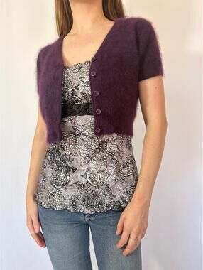 Vintage Purple Angora Cropped Short Sleeve Sweater Cardigan